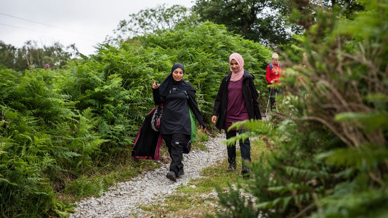 Two women walking on a path through large hedges